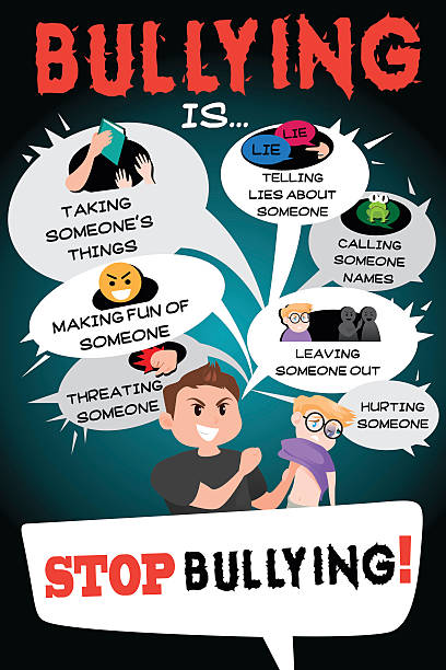 ilustraciones, imágenes clip art, dibujos animados e iconos de stock de infografía de stop bullying poster - bullying