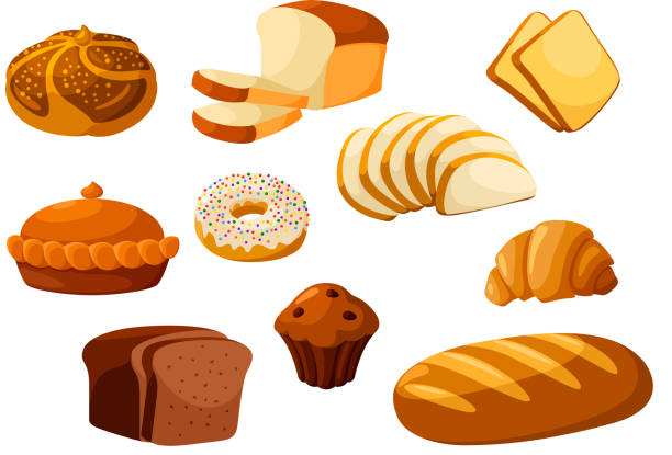 illustrations, cliparts, dessins animés et icônes de icônes vectorielles isolées du pain de boulangerie - bread white background isolated loaf of bread