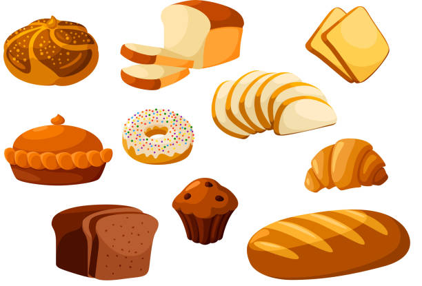 Bakery bread isolated vector icons Bakery shop isolated vector flat icons. Baked bread products wheat, rye bread loafs, bagels, sliced bread toasts, croissant, chocolate muffin, donut, meat and fruit pie. Elements for bakery, pastry design french food stock illustrations