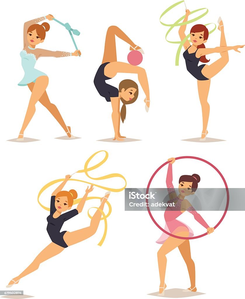 Gymnast girl vector illustration Girl figures performing gymnastic exercises with mace hoop and tapes isolated vector illustration. Gymnast girl artistic and rhythmic gymnastic exercise. Gymnast girl young exercise fitness Girls stock vector
