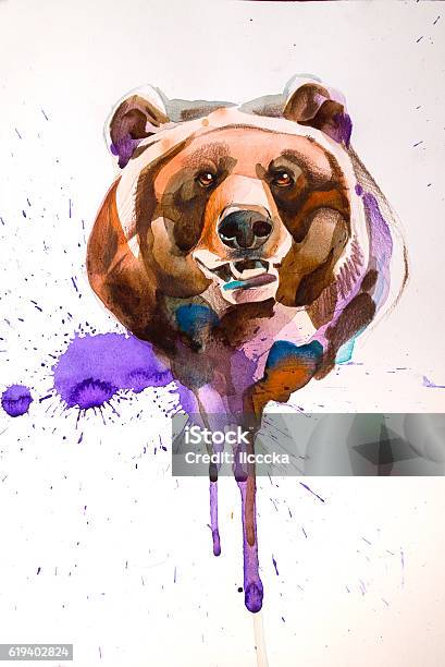Bears Head Drawn In Pencilbrush And Watercolor Stock Photo - Download Image Now - Beauty In Nature, Decoration, Illustration