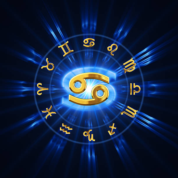 Light Of Zodiac Cancer Zodiac wheel with gold signs. 3D render cancer astrology sign stock pictures, royalty-free photos & images