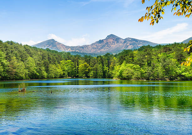 Japan mount Bandai, Fukushima prefecture,  and lake with forest landscape panorama Springtime.