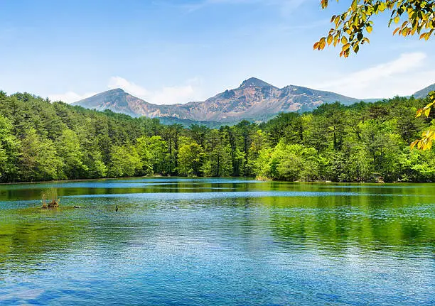 Japan mount Bandai, Fukushima prefecture,  and lake with forest landscape panorama Springtime.