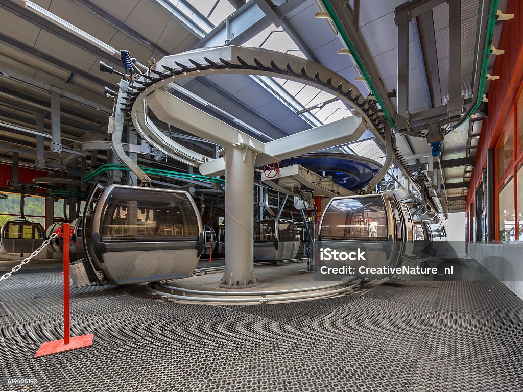 Cable car station Cable car station interior in Alps ski resort skiing area Gardena - California Stock Photo