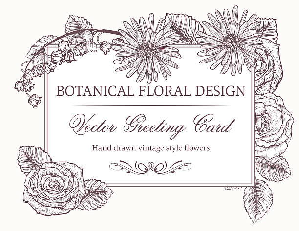 Botanical Flowers Invitation Template Botanical Flowers Greeting Card or Invitation Template. Hand drawn botanical flowers and leaves are placed around text. Features hand drawn flowers in vintage style. Ideal for a party invitation, bridal show or save the date card. lily of the valley antique botanical engraving stock illustrations