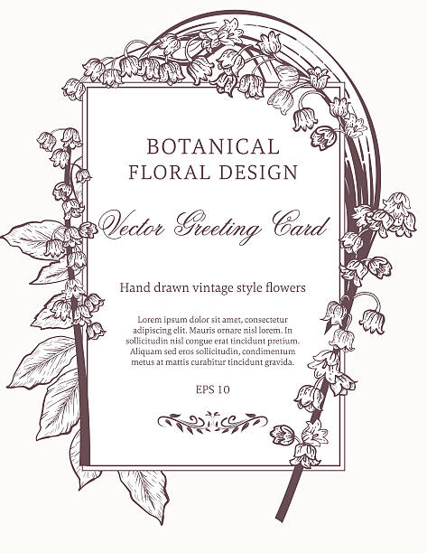 Botanical Flowers Invitation Template Botanical Flowers Greeting Card or Invitation Template. Hand drawn botanical flowers and leaves are placed around text. Features hand drawn flowers in vintage style. Ideal for a party invitation, bridal show or save the date card. lily of the valley antique botanical engraving stock illustrations