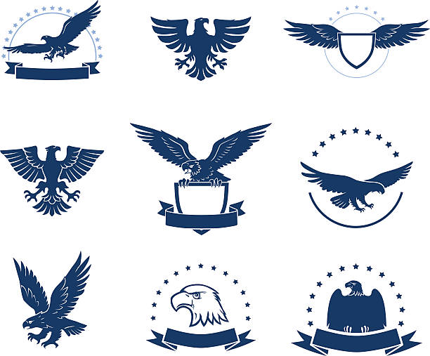 Set of eagles silhouettes Set of black and white eagles emblems with shields and stars eagles stock illustrations