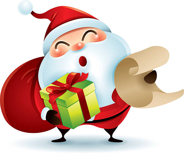 istock Santa Claus carrying sack and holding a list and gift 619498738