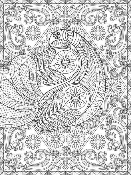 ilustraciones, imágenes clip art, dibujos animados e iconos de stock de espléndida página para colorear para adultos - peacock feather outline black and white