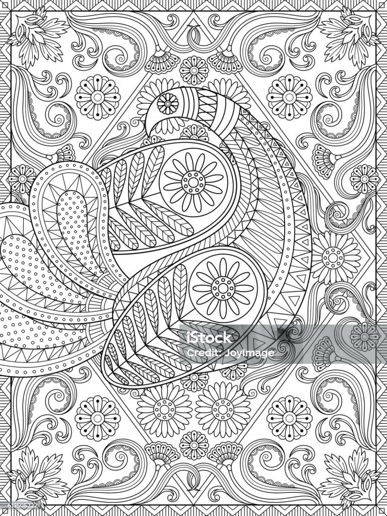 Splendid adult coloring page Splendid adult coloring page, elegant peacock is showing off its feather, floral and geometric elements, stress relief coloring page Adult stock vector