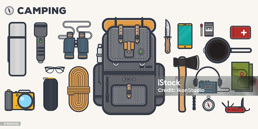 Travel backpack line illustration Camping items set. Traveler backpack with survivor items and and other stuff for camping. Flat thick line and black outline illustration. Backpack stock vector