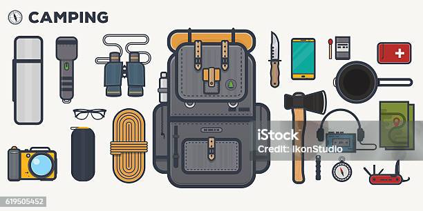 Travel Backpack Line Illustration Stock Illustration - Download Image Now - Backpack, Hiking, First Aid Kit