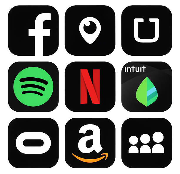 коллекция популярных черных социальных медиа, значки бизнес-логотипов - spotify стоковые фото и изображения