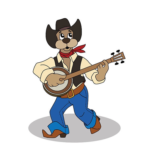 lustiger hund in blauen jeans und hut spielt banjo - wild west audio stock-grafiken, -clipart, -cartoons und -symbole