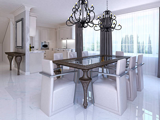 istock Luxurious dining room with dining table and designer chairs. 619513342
