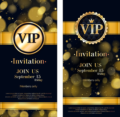 VIP party premium invitation card poster flyer. Black and golden design template. Golden glow bokeh decorative background with gold ribbon and round badge.