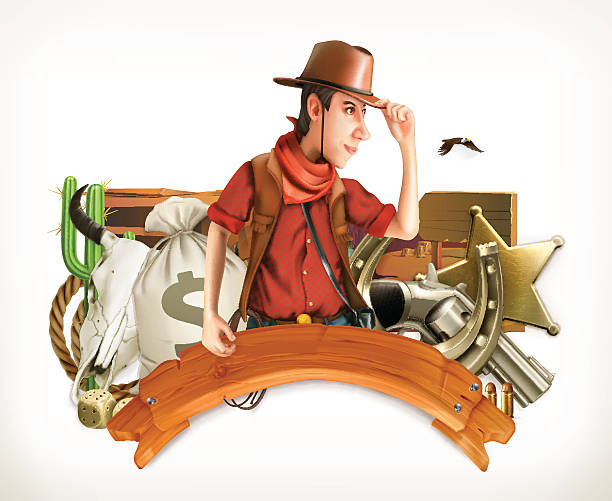 ilustrações, clipart, desenhos animados e ícones de aventura de cowboy. logotipo do jogo. emblema vetorial 3d - cowboy hat wild west single object white background