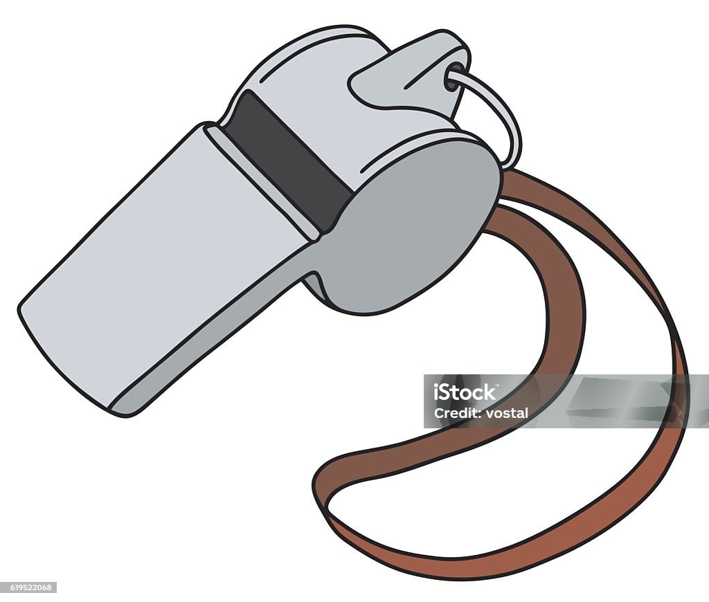 Whistle with a red cord Hand drawing of a small metal whistle with the red cord Cartoon stock vector