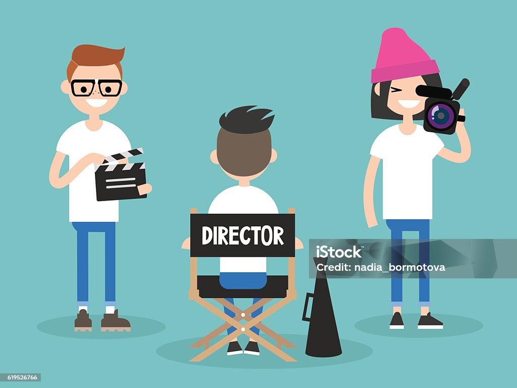 Camera crew director, cameraman and assistant working on the set. editable flat vector cartoon illustration Director stock vector