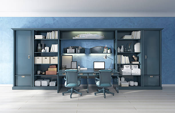 istock Children's furniture storage system with two built-in desks. 619526890
