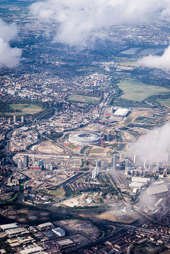 Aerial view of London including the Olympic Stadium, UK