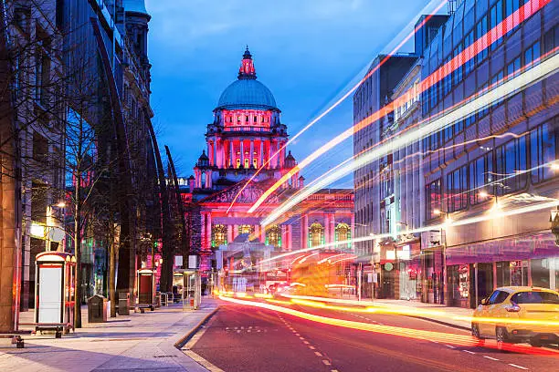 Illuminated Belfast City Hall. Belfast, Northern Ireland, United Kingdom.