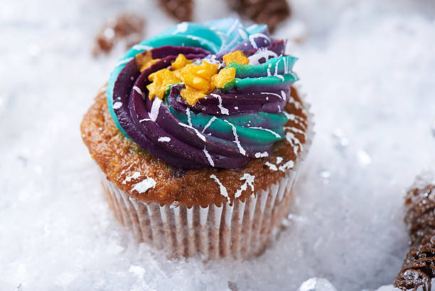 istock Wintery cupcake on a snow background with pine cones 619528666