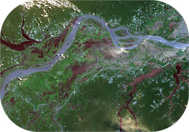río amazonas desde el satélite landsat. - satellite view fotos fotografías e imágenes de stock