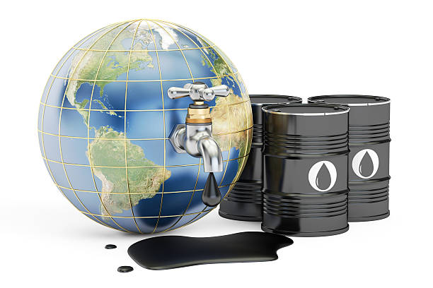 istock Earth globe squeezing oil through a tap, 3D rendering 619532620