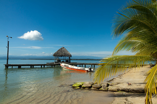Panoramic view of the pier on Boca del Drago beach, archipelago Bocas del Toro, Panama
