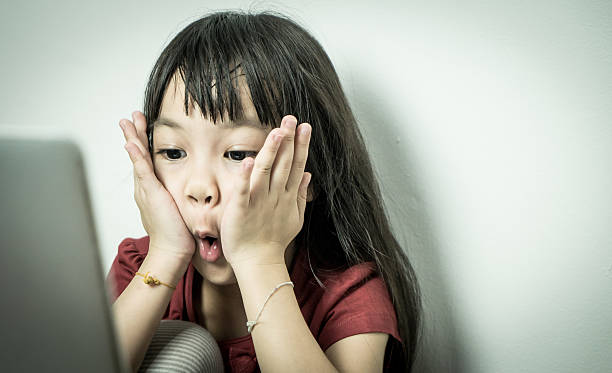 istock Young Asian Girl Surprised by Computer Content 619536726