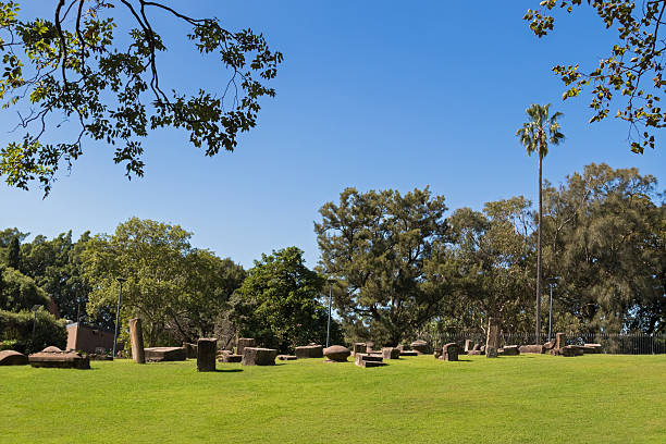 Sydney, Australia - April 20, 2016: Sandstone relics blocks at Memory Is Creation Without End Sculpture by Kimio Tsuchiya in Sydney, Australia.