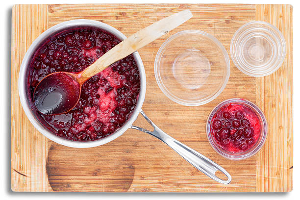 istock Top down view on cranberry sauce in metal saucepan 619537498