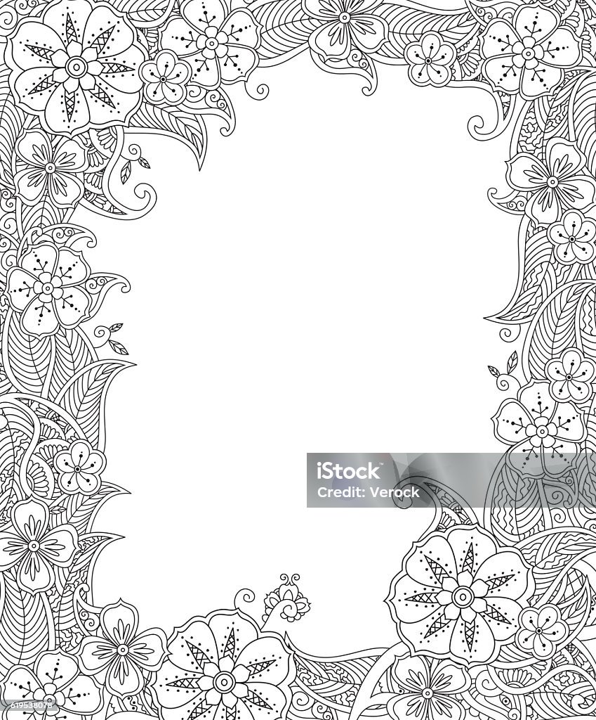 Floral hand drawn vertical frame in inspired style. Floral hand drawn vertical frame in inspired style. Doodle flowers decorative border. Coloring book for adult and children. Editable vector illustration. Coloring Book Page - Illlustration Technique stock vector