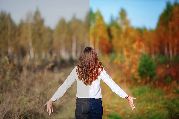 Photo before and after the image editing process. Young woman Photo before and after the image editing process. Young beautiful woman with long hair, back view. Autumn park before and after photos stock pictures, royalty-free photos & images