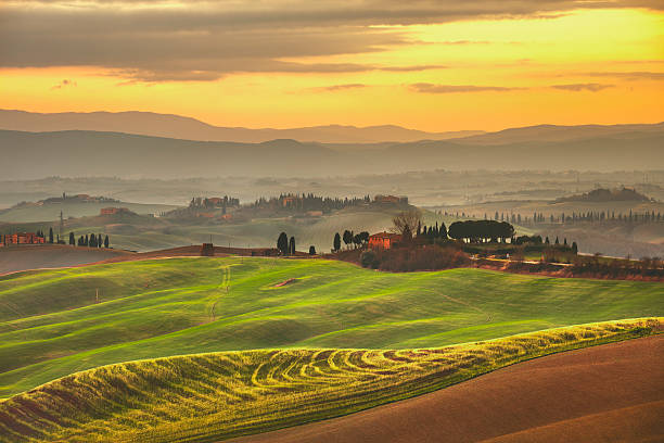 istock Tuscany spring, rolling hills on misty sunset. Rural landscape. 619538710