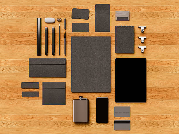 istock Top view office corporate mockup design. 3D illustration 619539210