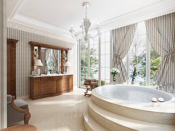 istock Bathroom in luxury neo-classical style with sinks tubs 619539424