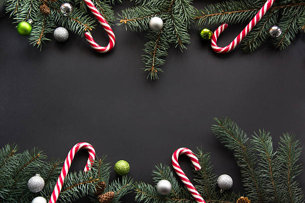 Christmas background. Fir-tree branches on black with copyspace. Top view.