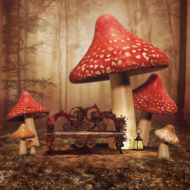istock Colorful mushrooms and bench 619541360