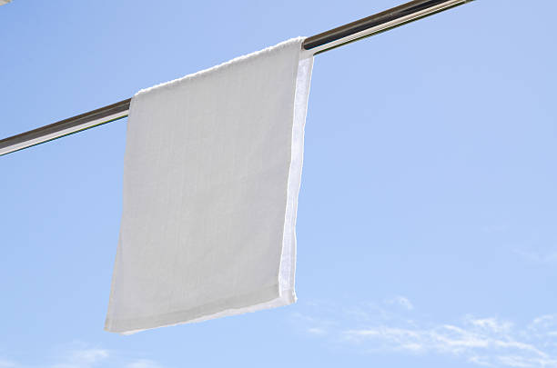 istock Washed White Towel Hanging Against Blue Sky 619542032