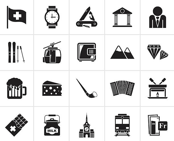 Black Switzerland industry and culture icons Black Switzerland industry and culture icons - vector icon set swiss watches stock illustrations