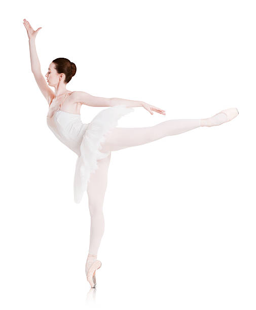 ballerina macht ballettposition arabesque isoliert auf weißem hintergrund - ballet dress studio shot costume stock-fotos und bilder