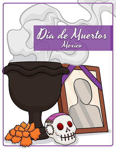 ilustraciones, imágenes clip art, dibujos animados e iconos de stock de altar tradicional mexicano con ofrendas para celebrar el "día de muertos" - scented smoke single flower flower