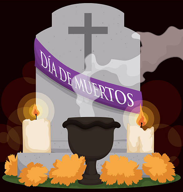 illustrazioni stock, clip art, cartoni animati e icone di tendenza di tomba con fiori, candela e incenso per "dia de muertos" - scented smoke single flower flower