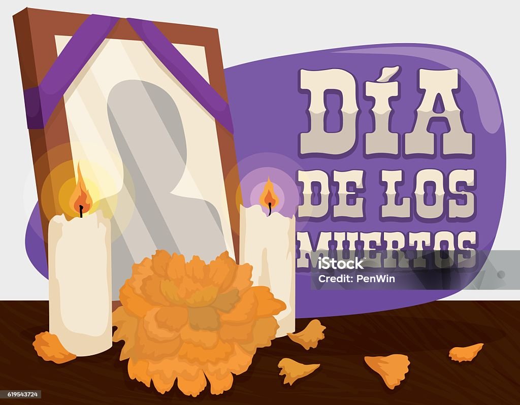 Portrait, Marigold and Candles: Traditional Offerings for "Dia de Muertos" Poster with traditional altar with a deceased frame, candles and cempasuchil or marigold flower to remember and pay respect to the dead in "Dia de Muertos" (Spanish for "Day of the Dead"). Religious Offering stock vector