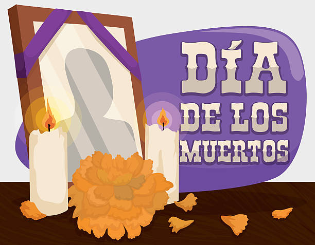 Portrait, Marigold and Candles: Traditional Offerings for "Dia de Muertos" Poster with traditional altar with a deceased frame, candles and cempasuchil or marigold flower to remember and pay respect to the dead in "Dia de Muertos" (Spanish for "Day of the Dead"). religious offering stock illustrations