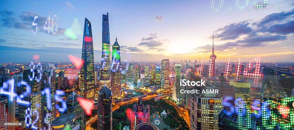 Display stock market numbers and shanghai background China - East Asia Stock Photo