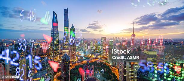 Display Stock Market Numbers And Shanghai Background Stock Photo - Download Image Now